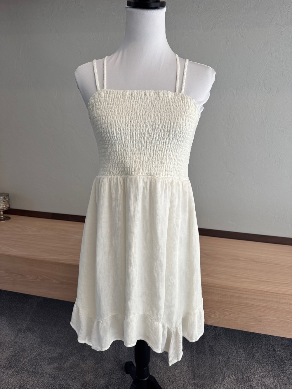 Eyeshadow Cream Smocked Mini Dress with Double Straps - EUC